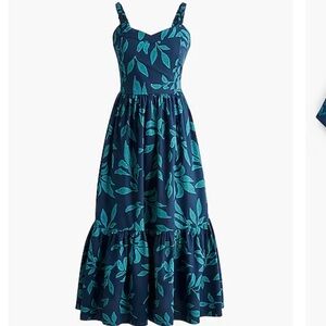 NWT J. Crew Factory Poplin Corset  Navy and Teal Midi Dress with Leaf Print Sz 0